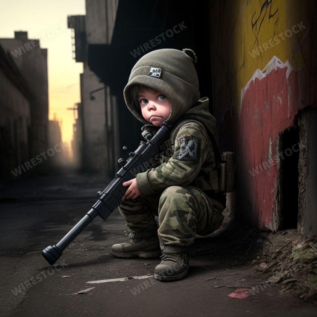 An AI generated illustration of a young child in camouflage, crouching down and holding a gun