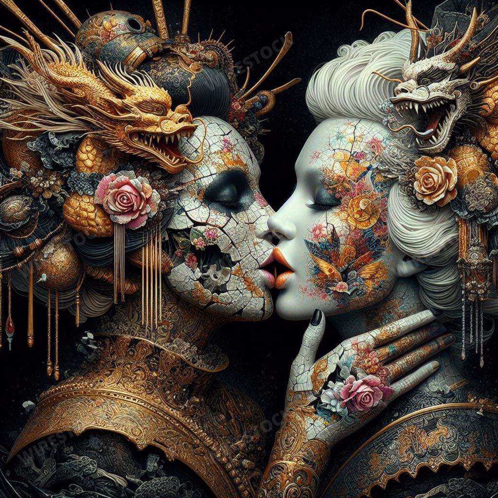 An AI generated illustration of Woman with intricate makeup and dragon headdress stands beside another