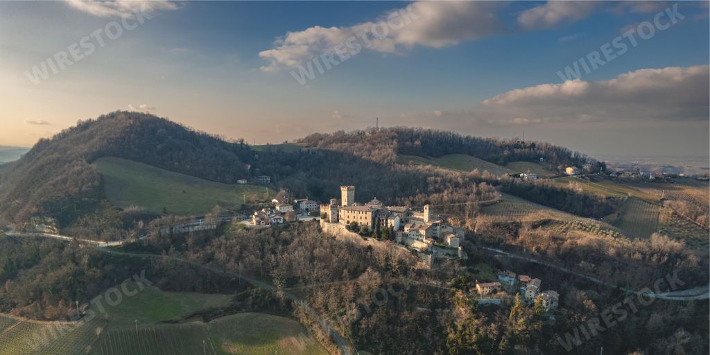 A bird's-eye view of the Vigoleno Castle on a hill in Piacenza, Italy