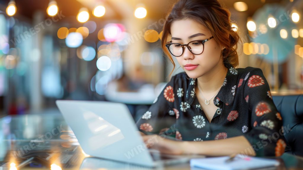An AI generated illustration of a young Asian woman working on a laptop in a modern cafe