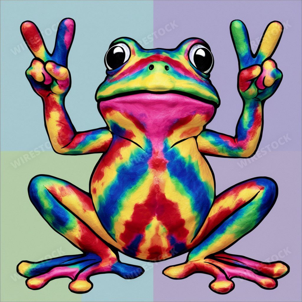 An AI generated illustration of a colorful frog showing peace sign