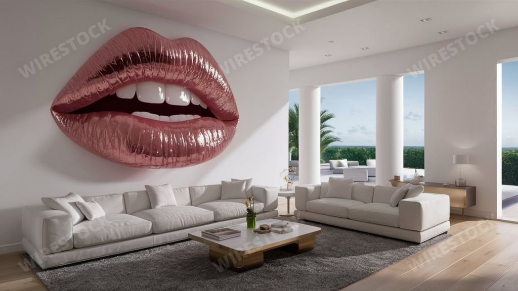 An AI generated illustration of Living room with furniture and large lips artwork on wall