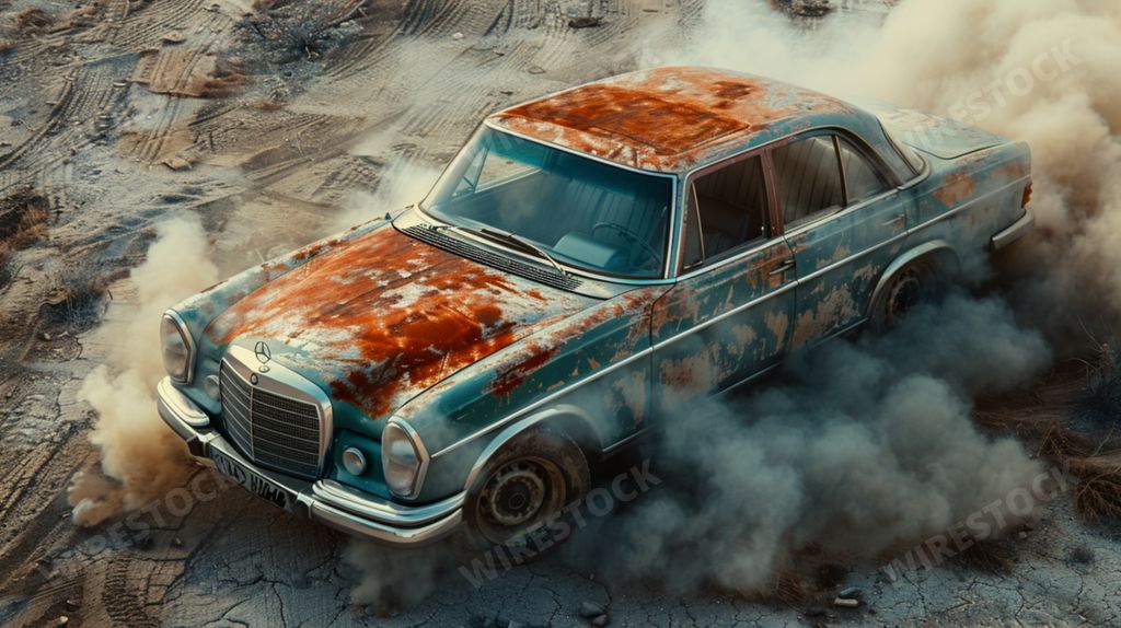 An AI generated illustration of Smoke rises from a rusted car abandoned in the desert