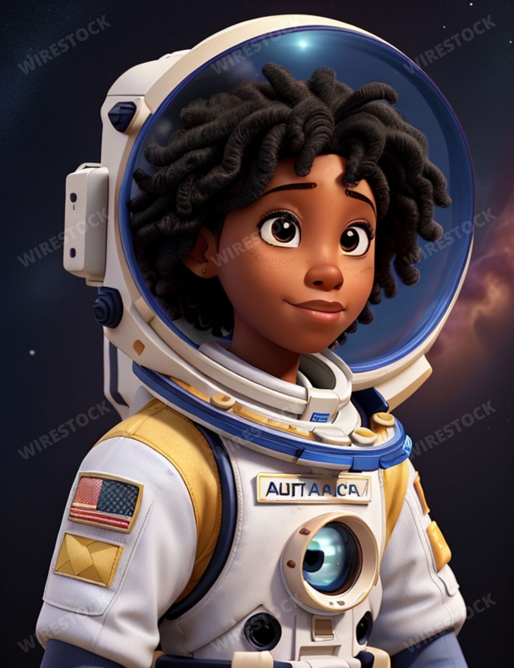 An AI generated illustration of a cartoon female astronaut wearing a space suit