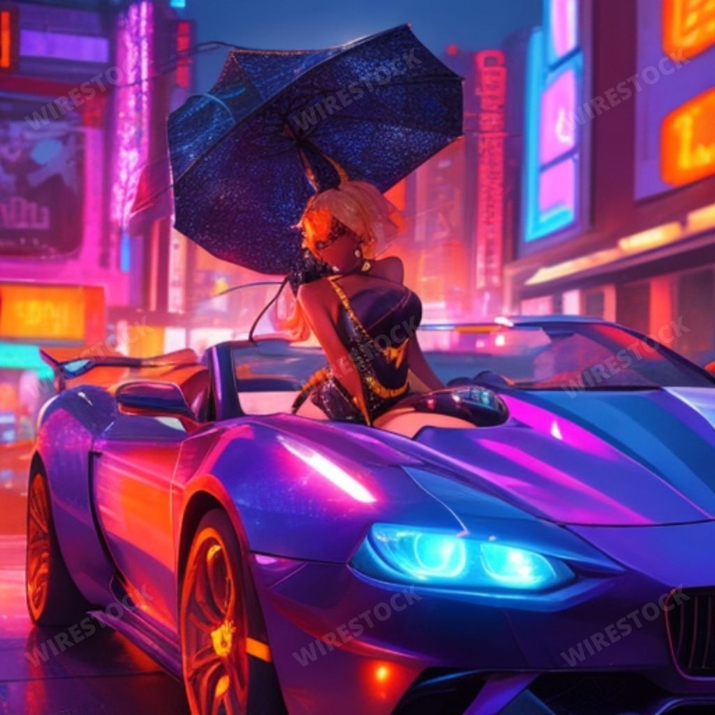 An AI generated illustration of A vibrant purple sports car is seen driving swiftly through a bustling urban cityscape, creating a dynamic and exciting animation