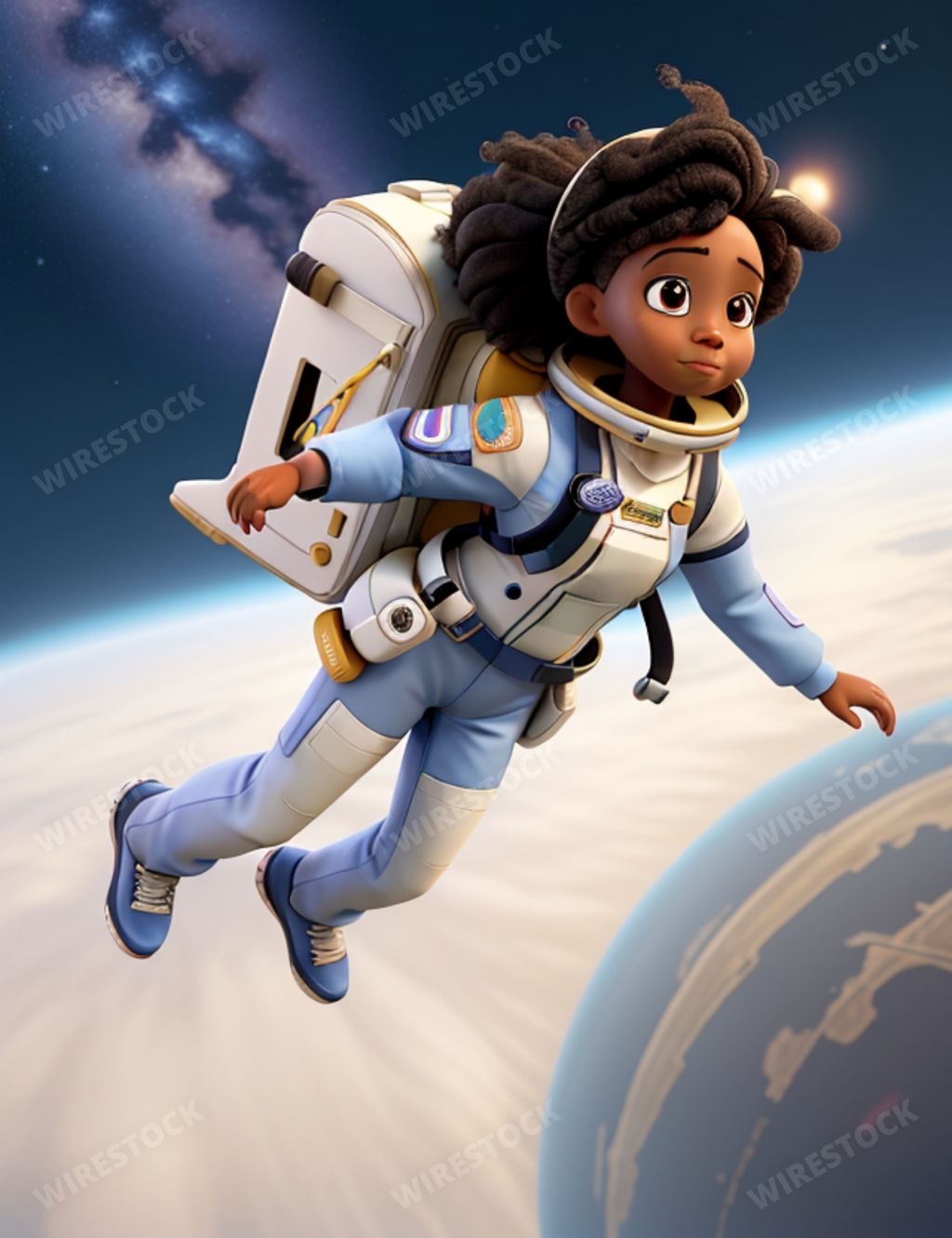 An AI generated illustration of A young female child with an astronaut suit is floating in the sky above a planet, looking up with awe at the stars
