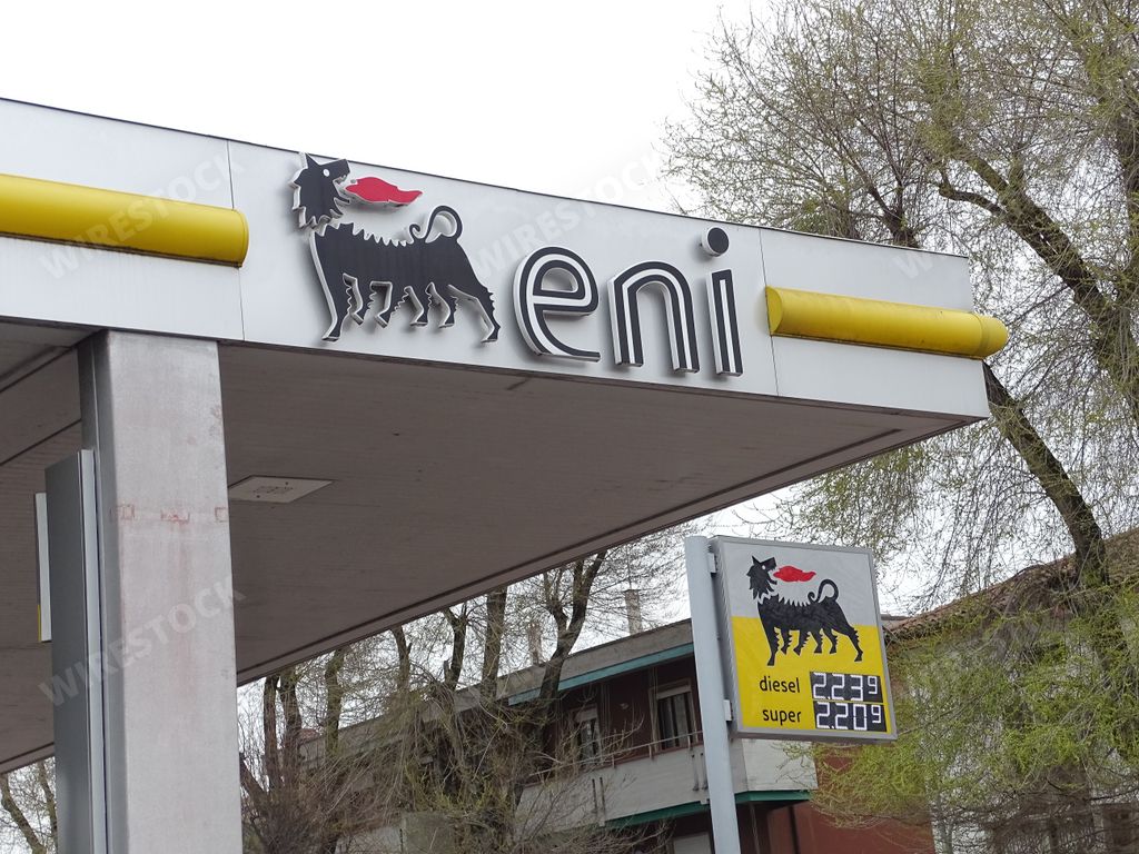 A logo symbol at the fuel station in Italy Europe