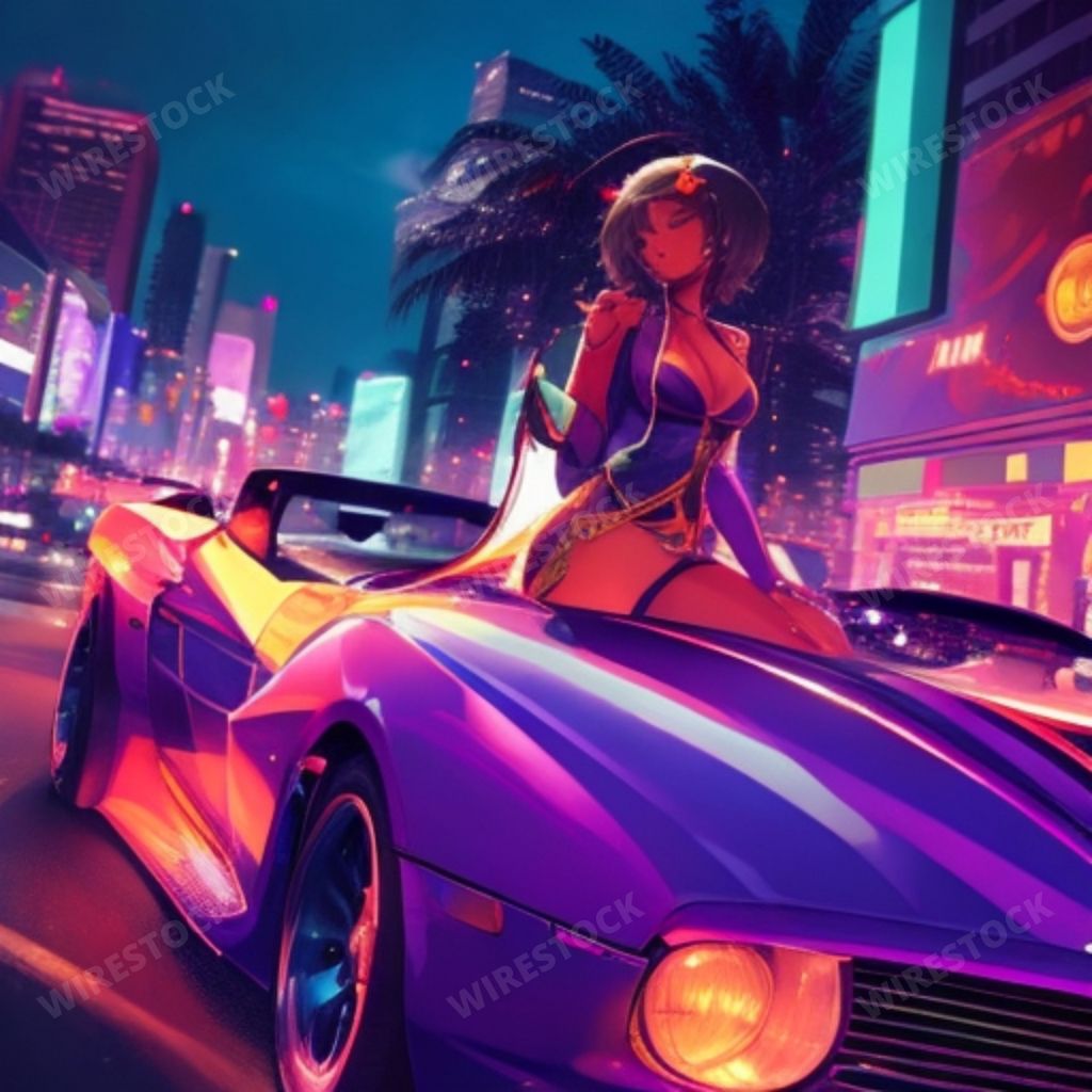 An AI generated illustration of A female business executive stands confidently atop a luxury vehicle