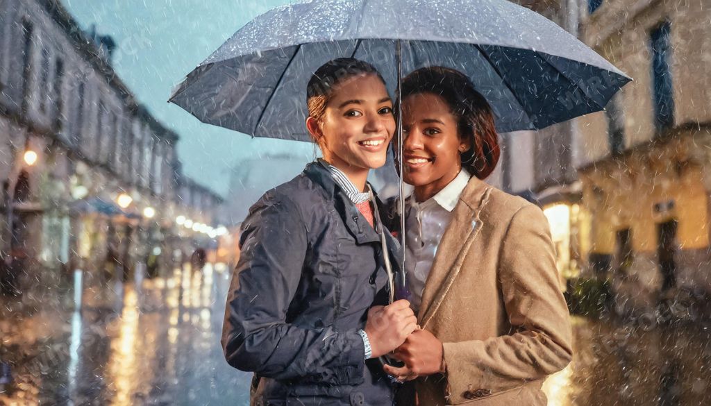 An AI generated illustration of Two individuals sharing an umbrella in the rain on the street