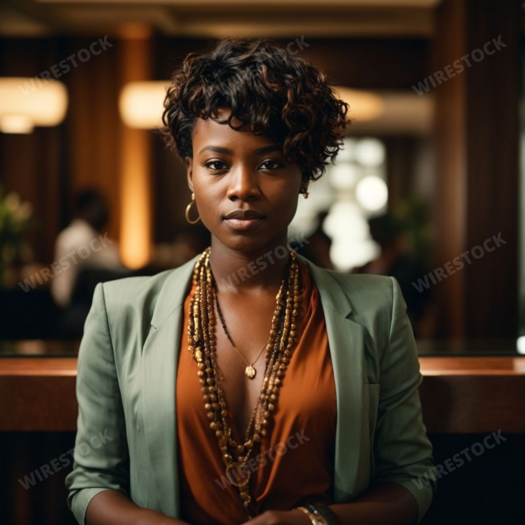 An AI generated illustration of an African American female with short hair, in an elegant blazer standing in front of a bar