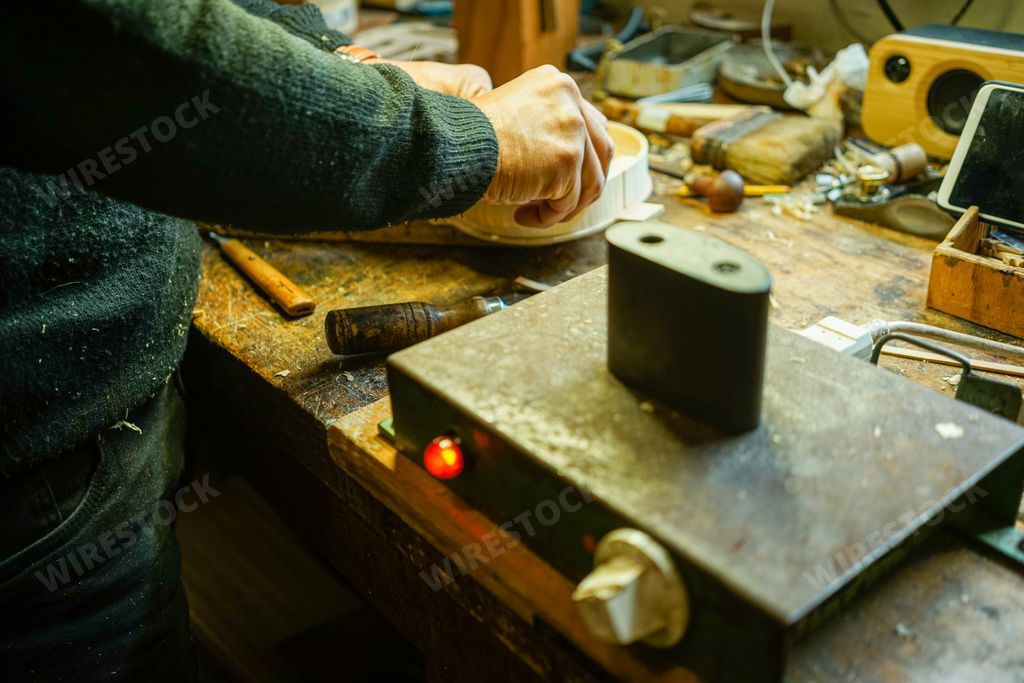 The inside view of Carlos Roberts violin maker luthier's lab in Cremona. Italy.