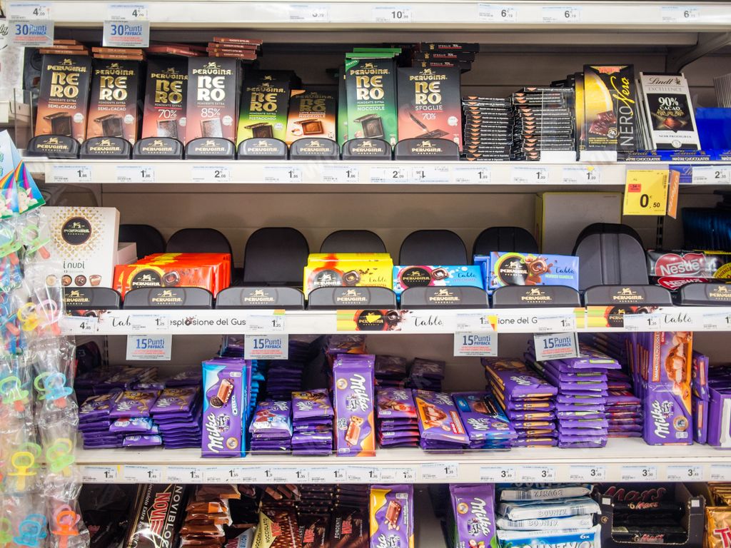 A shot of market shelves with different kinds of chocolates at the supermarket