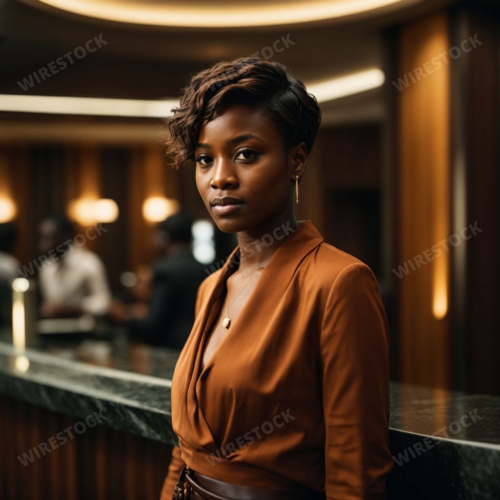 An AI generated illustration of a young African American female with short hair in an elegant brown dress standing in front of a bar