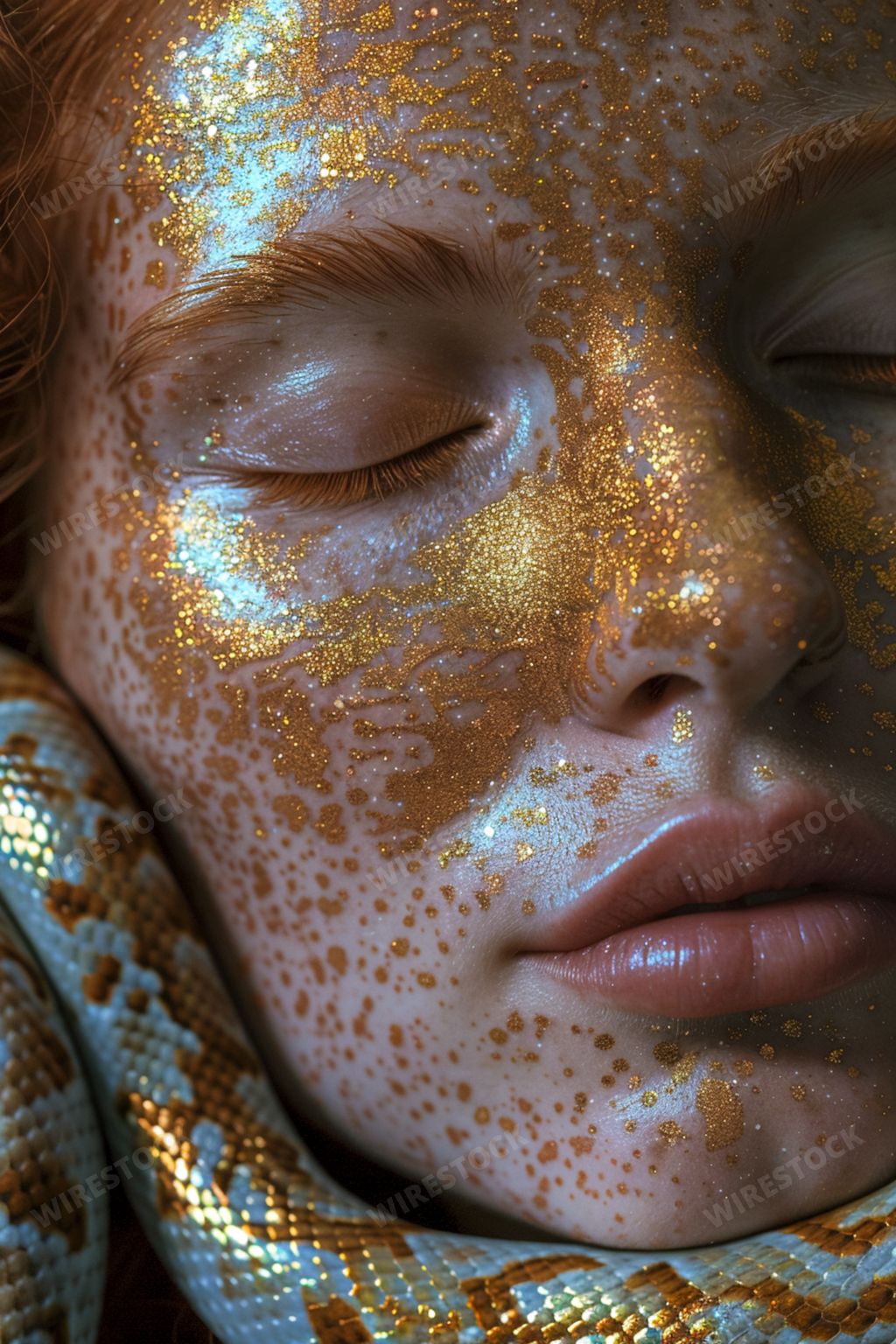 A portrait of a woman with lizard-inspired face paint in shimmering gold, AI-generated.