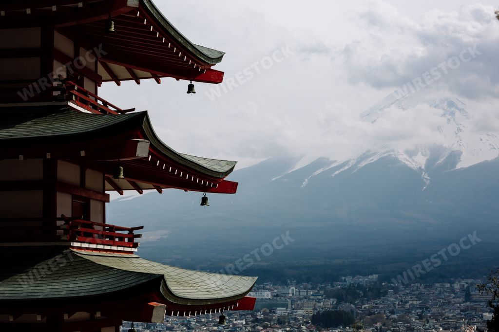 A beautiful view of a Chureito Pagoda with Mount Fuji at Arakurayama Sengen park