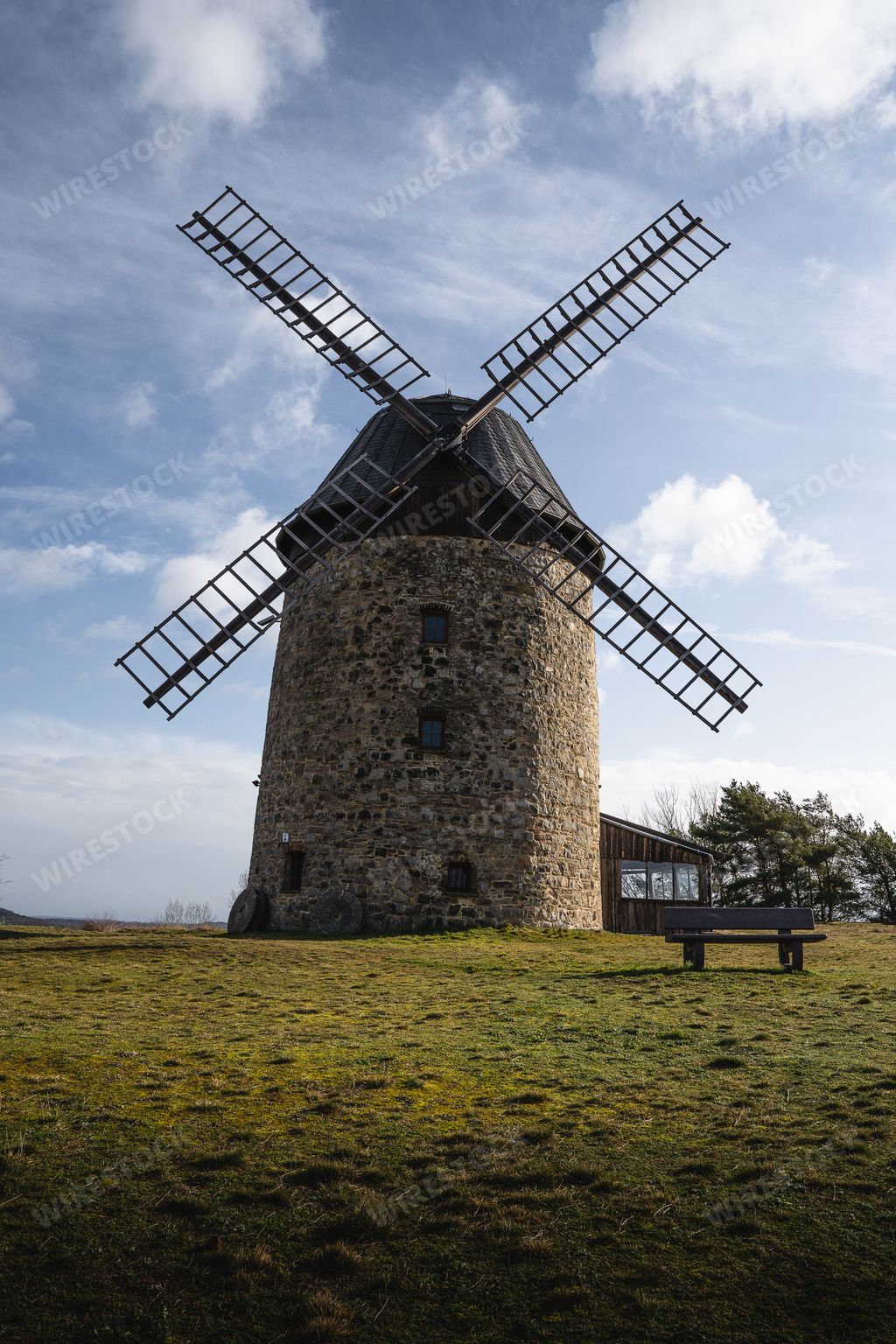 A vertical shot of windmill in Warnstedt in the Harz Mountains, Germany