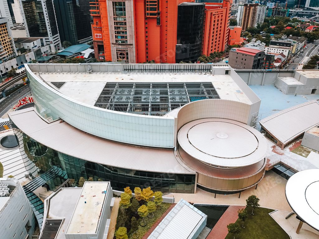 LaLaport Bukit Bintang City Centre aerial front view. Closeup entrance