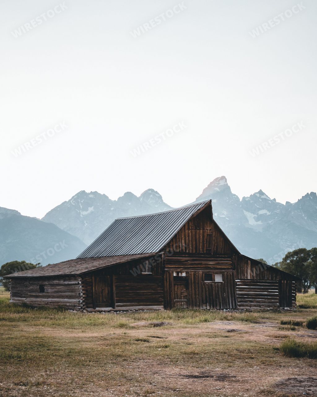 A vertical shot of a wooden cabin in the Mormon Row in Grand Teton National Park, United States