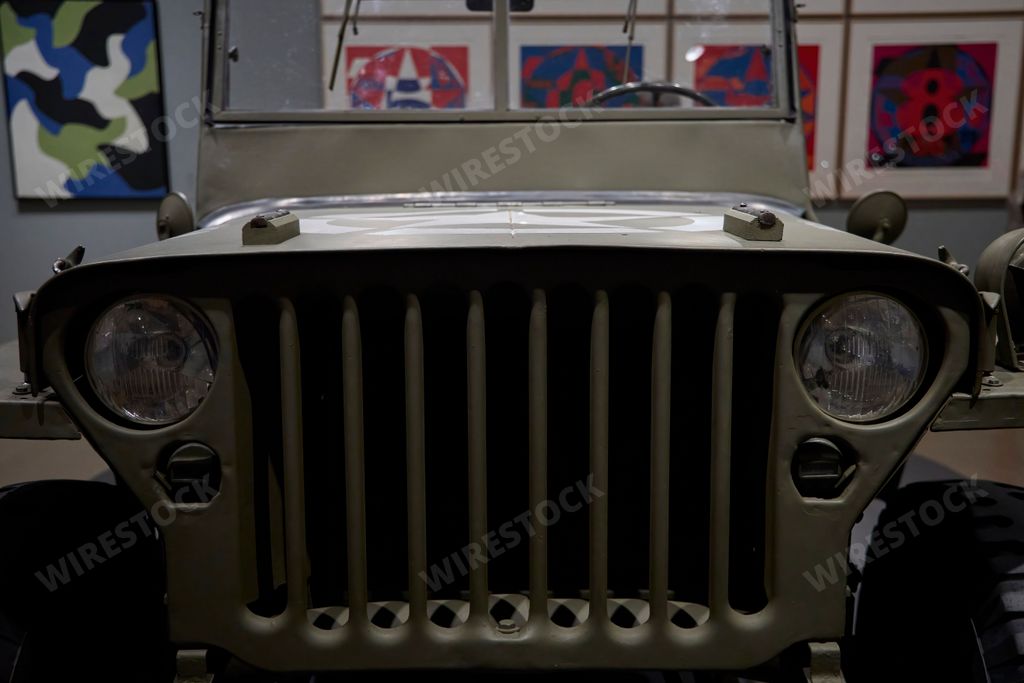 A vintage Military Jeep at the Motion. Autos, Art, Architecture exhibition at Guggenheim Museum Bilbao, Spain