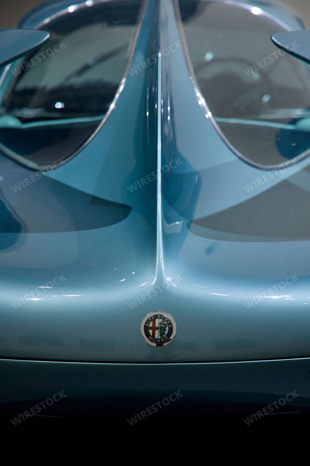 A vertical shot of Alfa Romeo at the Motion. Autos, Art, Architecture exhibition at Guggenheim Museum Bilbao, Spain