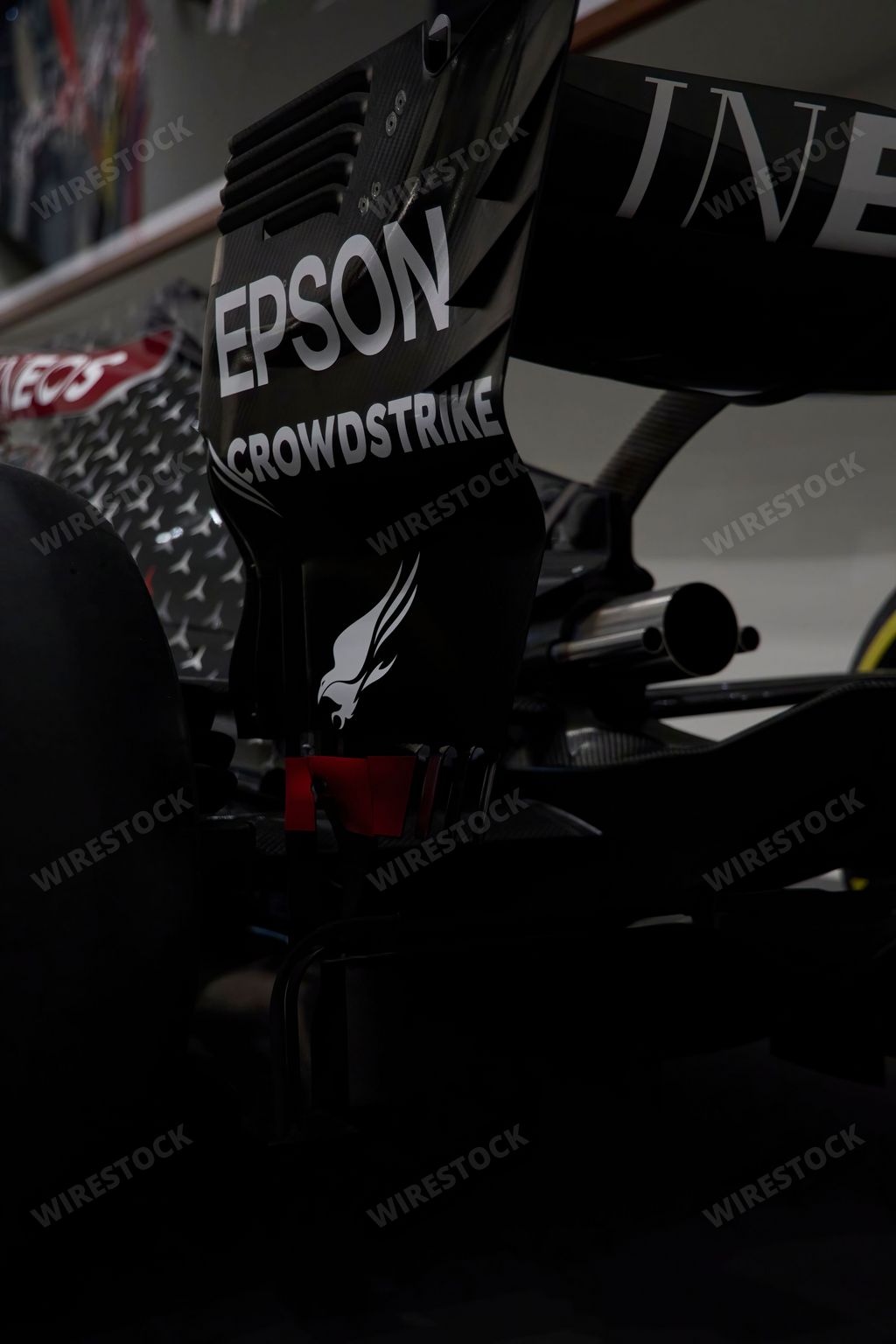 A vertical shot of Hamilton's F1 Mercedes at the Motion. Autos, Art, Architecture exhibition at Guggenheim Museum Bilbao, Spain
