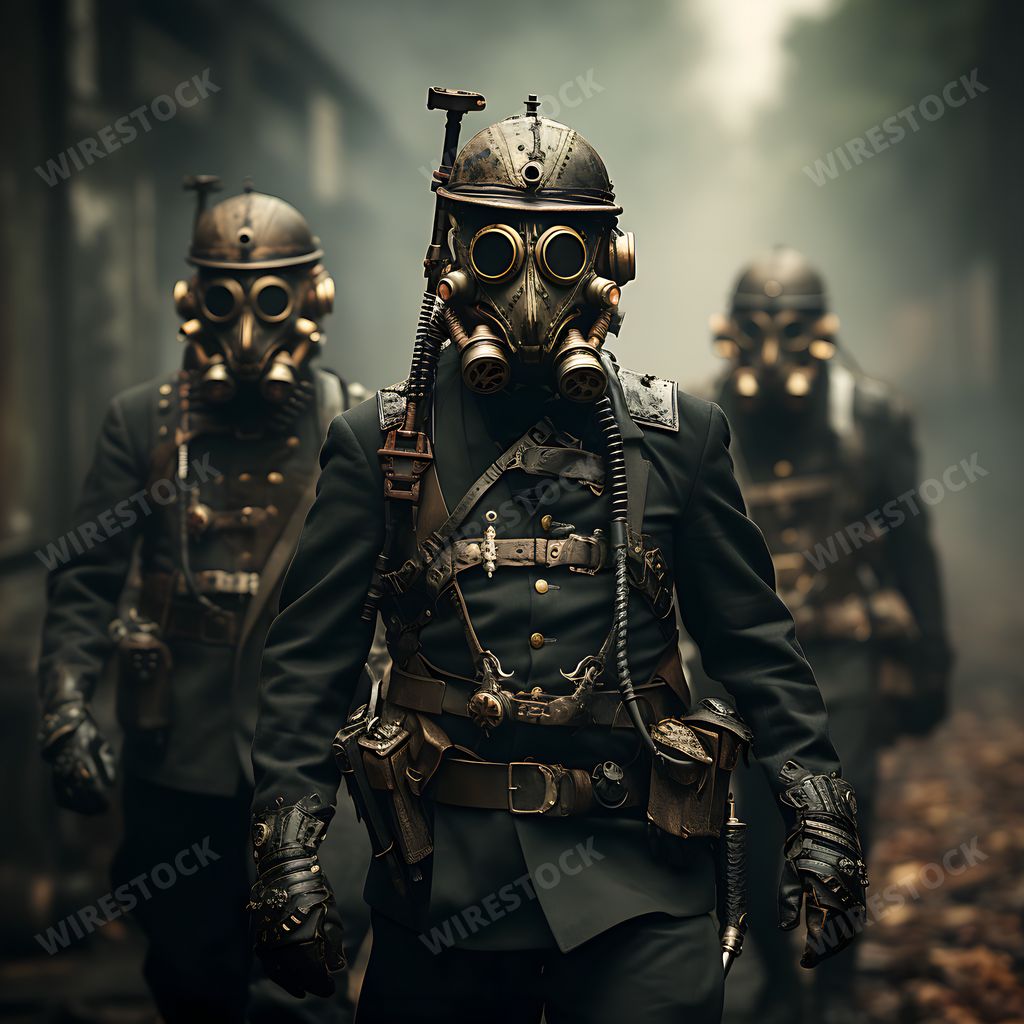 An AI generated illustration of Three individuals wearing protective gas masks and leather jackets are walking in a dark, smoky alleyway