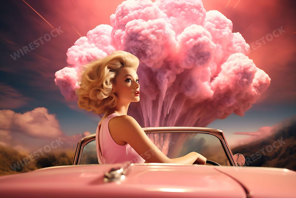 An AI generated illustration of A Caucasian female is leisurely driving in a classic convertible car