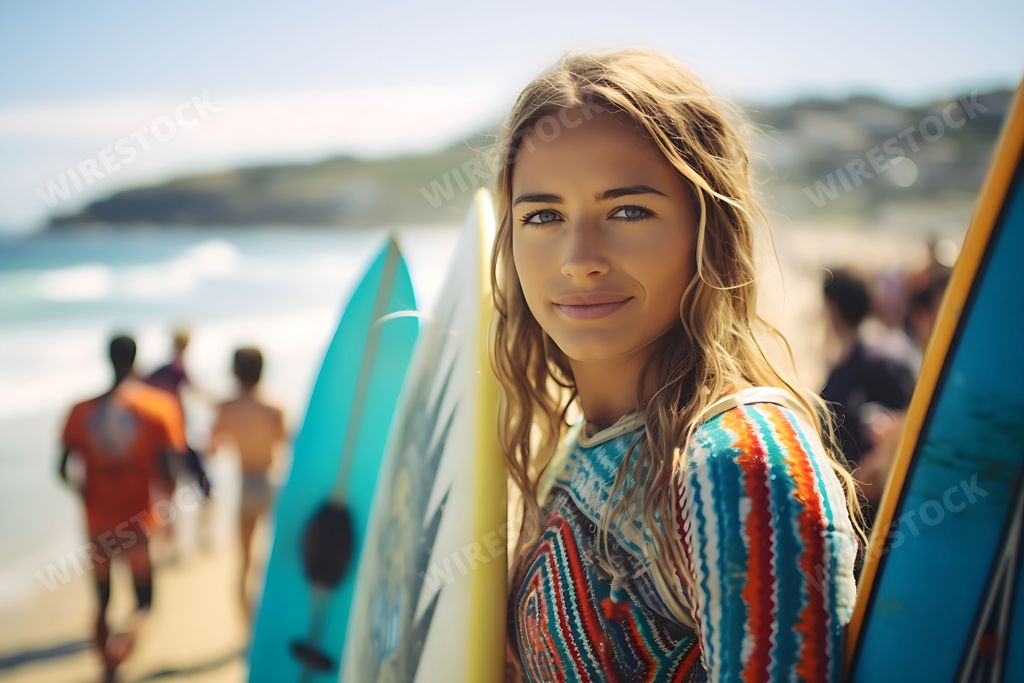 An AI illustration of A young female stands on a beach in a tropical paradise, wearing a swimsuit and carrying a surfboard
