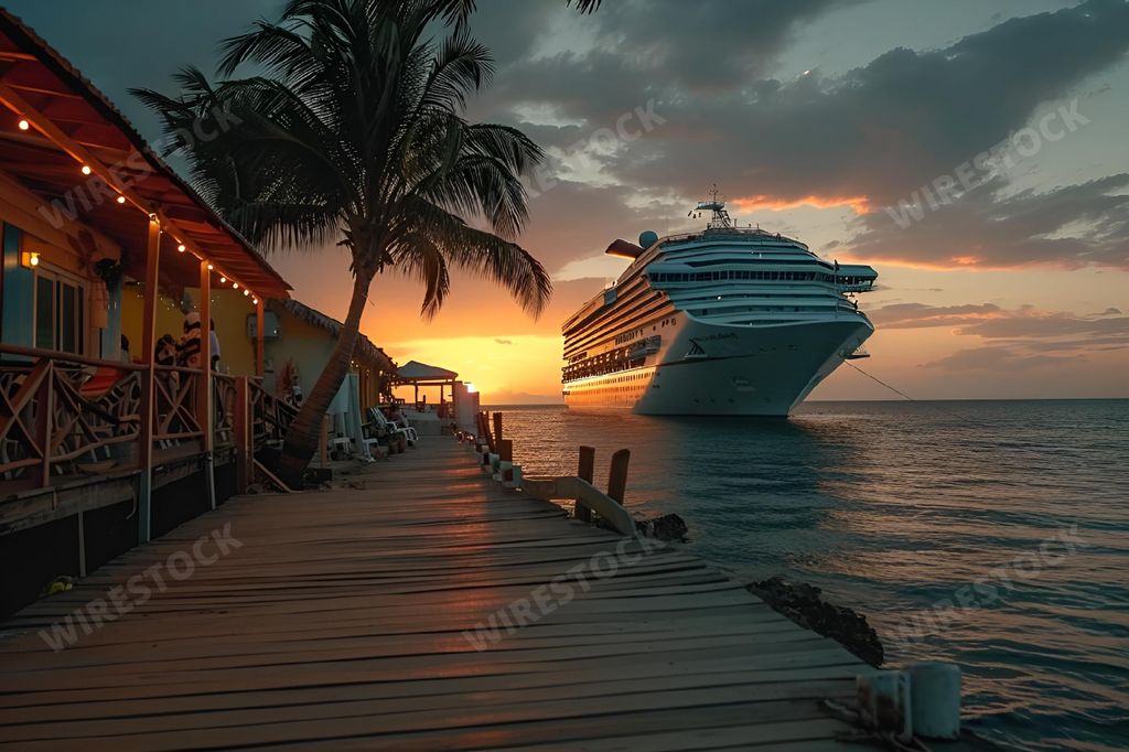 An AI generated illustration of a cruise ship around the world at sunset