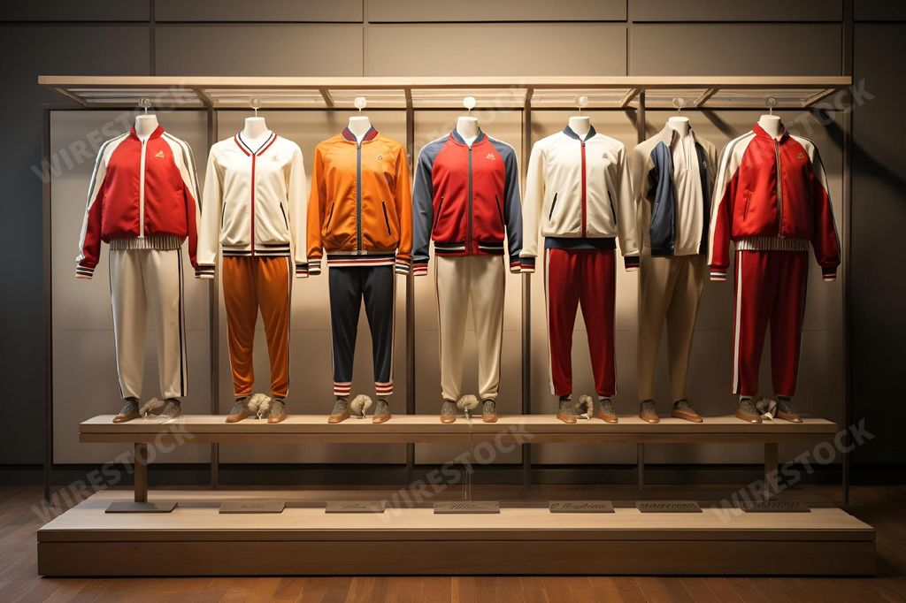 An AI generated illustration of a line of mannequins wearing vividly-colored vintage sportswear