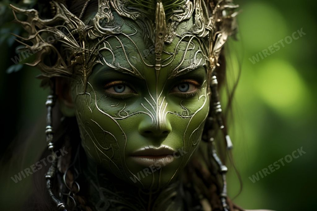 An AI generated illustration of A young female ent with green skin and piercing blue eyes wearing a golden headpiece
