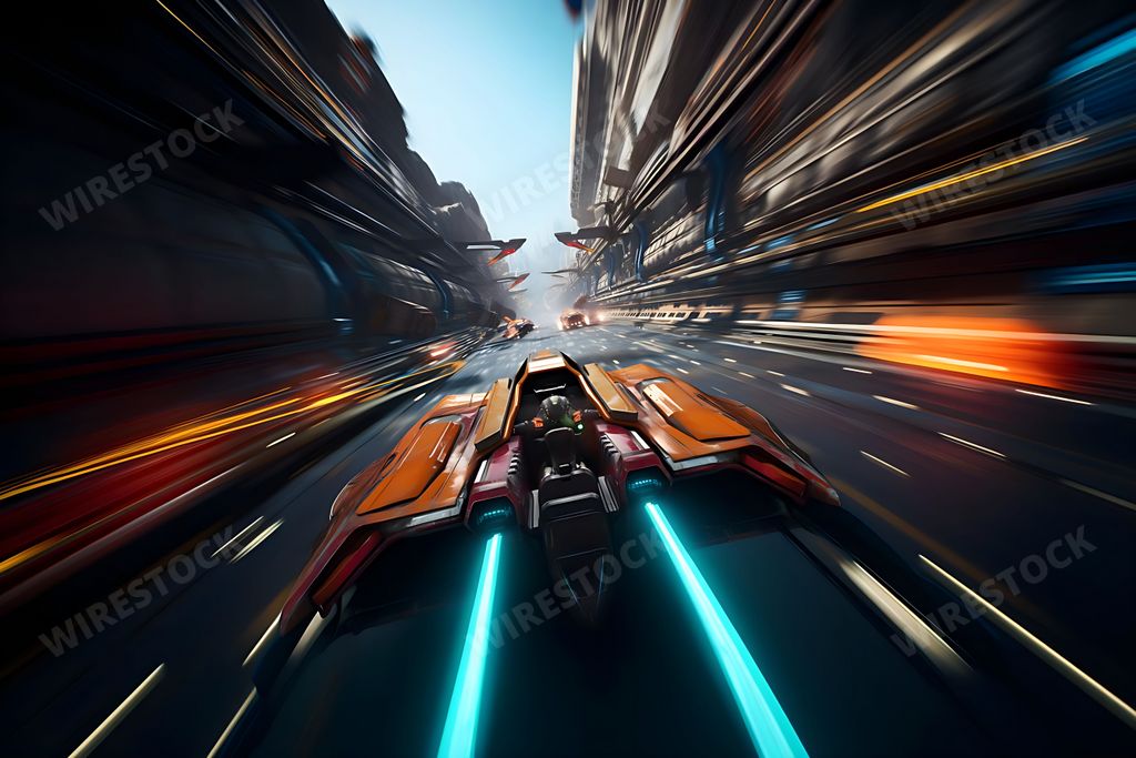 An electric sports car speeding through an empty city street, its motion creating a blurry effect
