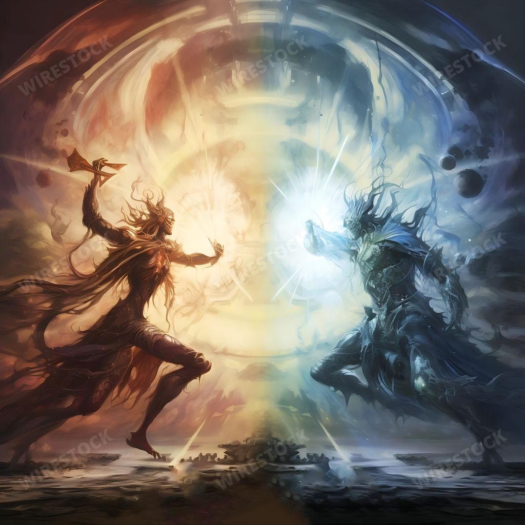 An AI generated illustration of a chaotic scene of a battle between good and evil forces