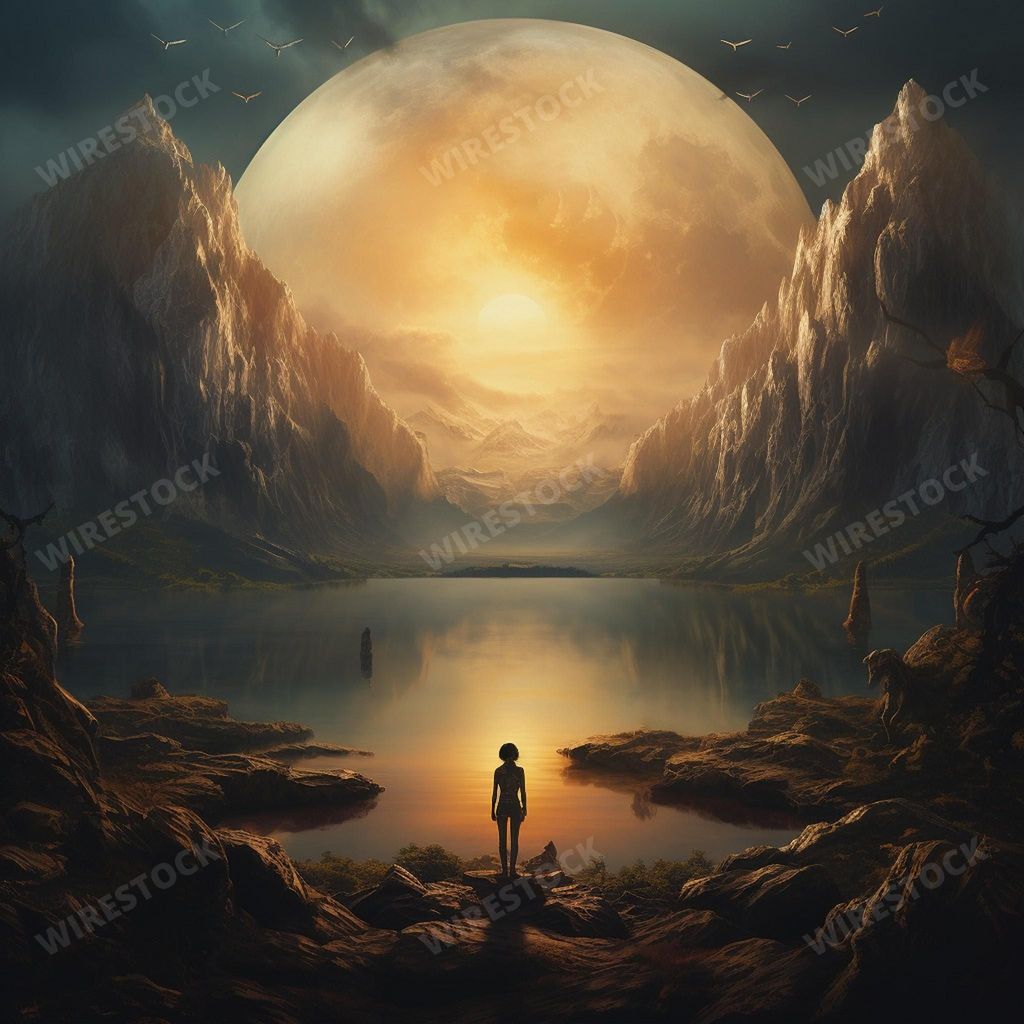 An AI generated illustration of A young adult man standing on the shore of a tranquil lake, surrounded by majestic mountain peaks in the background