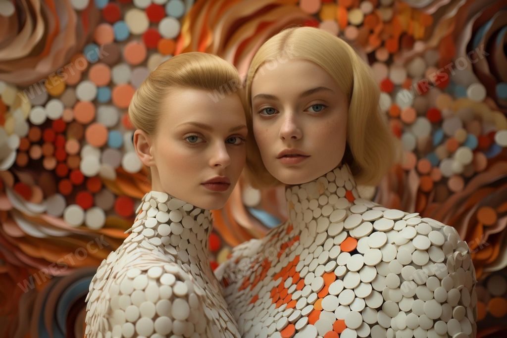 An AI illustration of two beautiful, young women wearing vibrant, scaly dresses