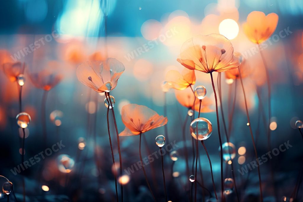 An AI-generated illustration of a group of colorful flowers with water droplets sparkling in the light
