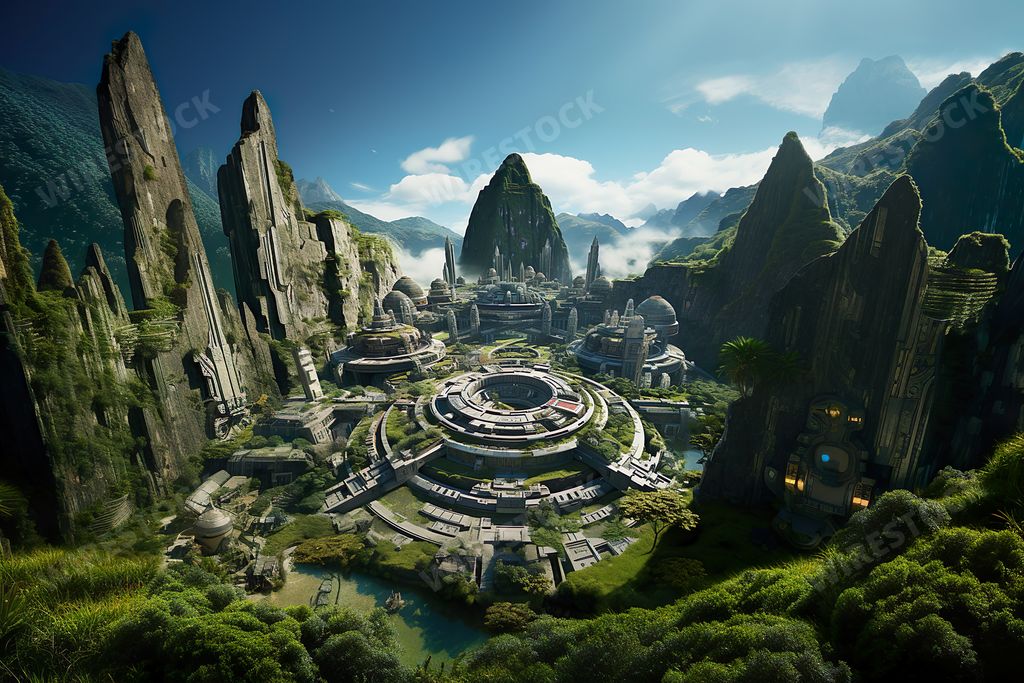 An AI-generated illustration of a modernized version of the ancient Incan citadel of Machu Picchu