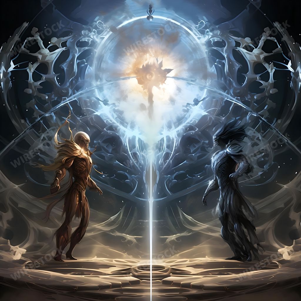 An AI generated illustration of a chaotic scene of a battle between good and evil forces