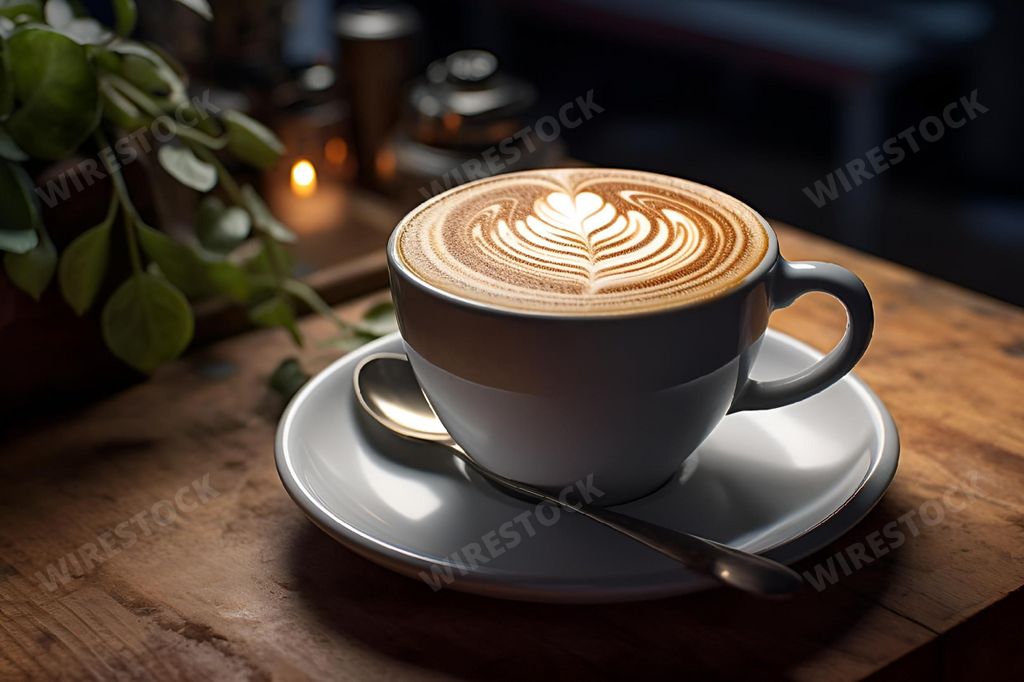 An AI generated illustration of a steaming cup of cappuccino coffee on a white ceramic plate, with light brown foam at the top