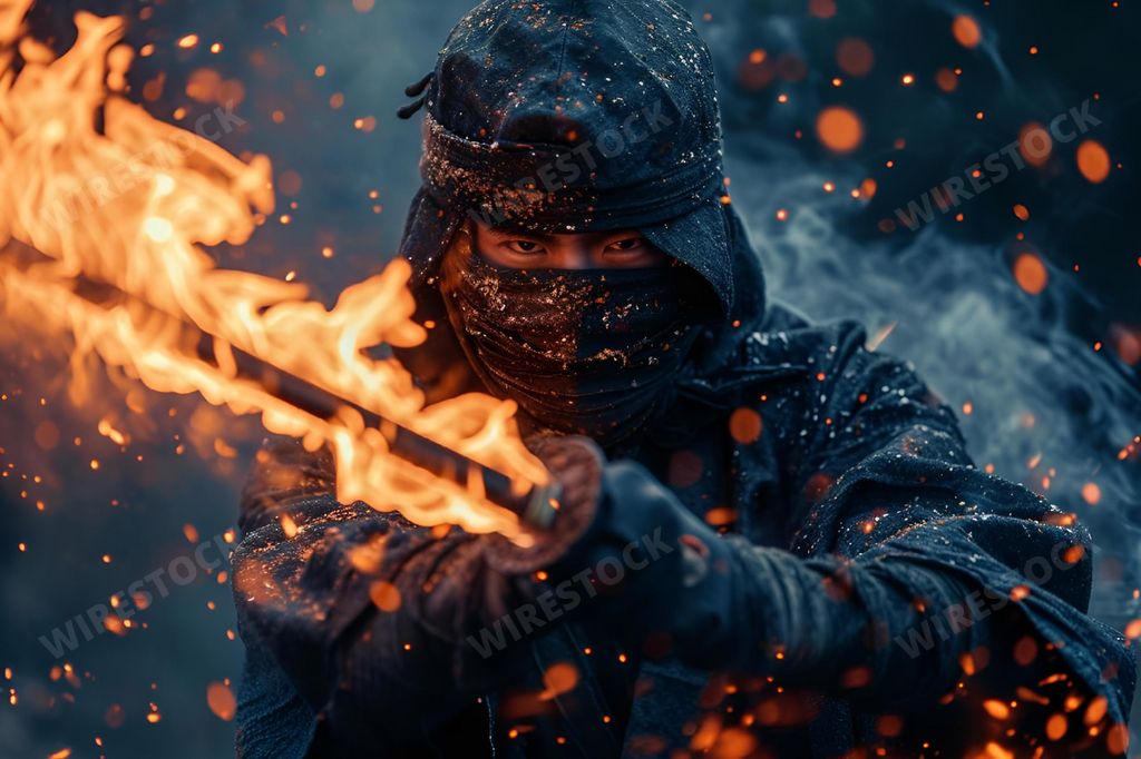 An AI generated illustration of shinobi warrior gripping a sleek black staff, which emanates a mesmerizing display of vibrant flames