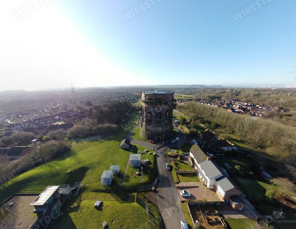 An aerial view of Norton Water Tower in Runcorn, England