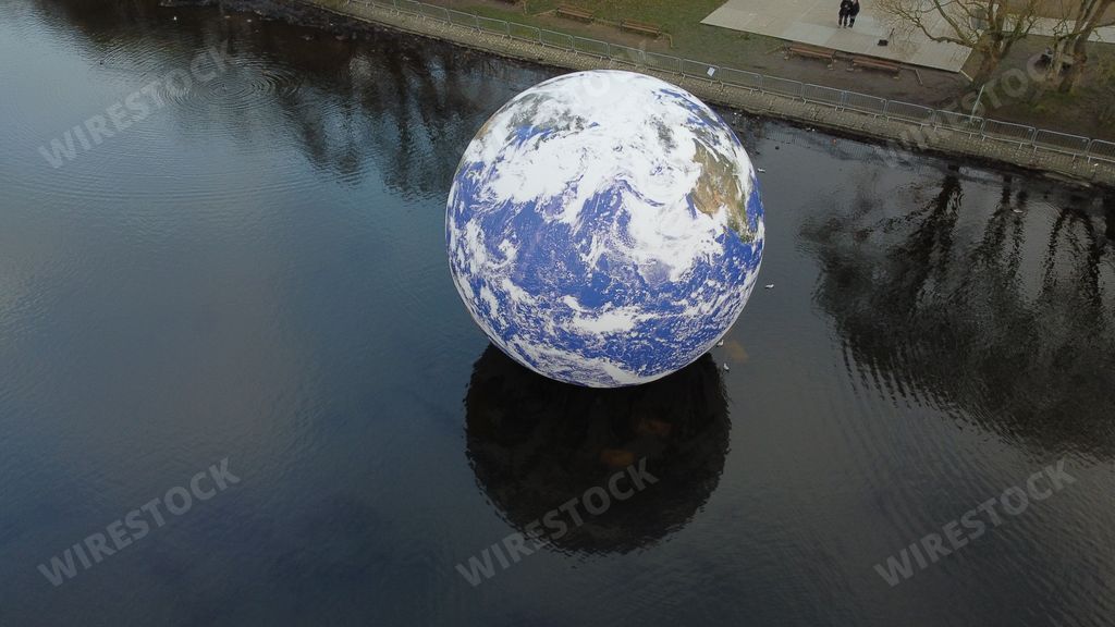 A bird's eye view of the Floating Earth sculpture by artist Luke Jerram. Wigan, UK