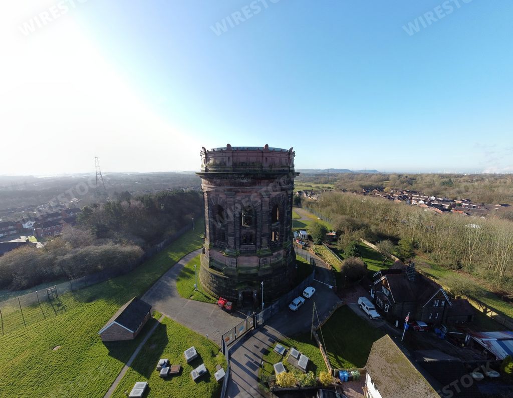 An aerial view of Norton Water Tower in Runcorn, England