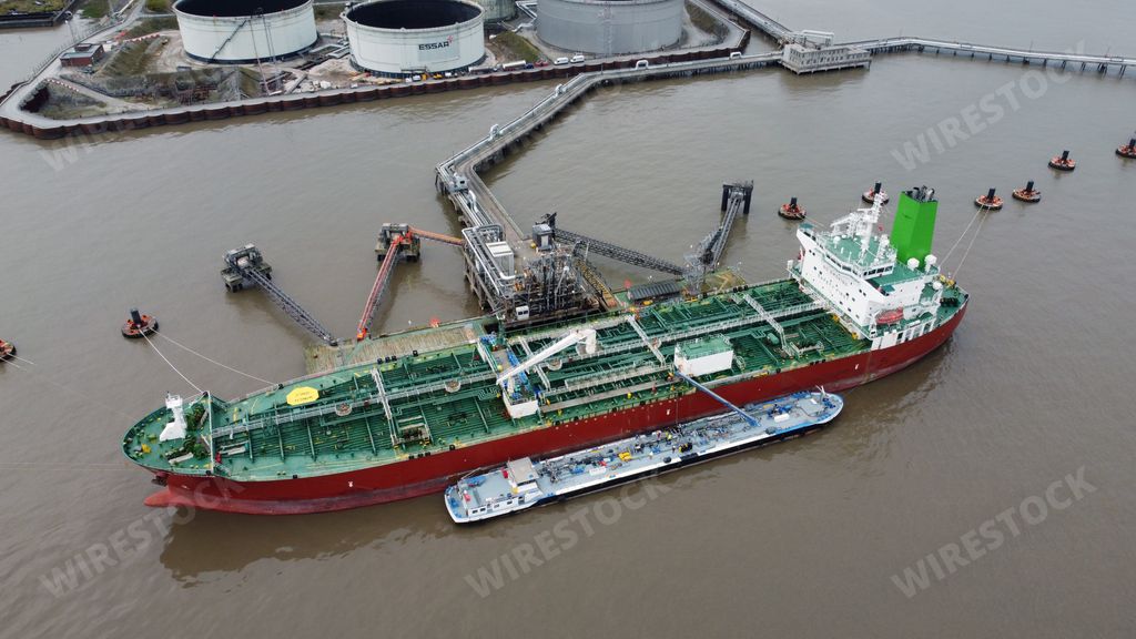 An aerial shot of the Silver Rotterdam oil chemical tanker ship loading at Liverpool Tranmere