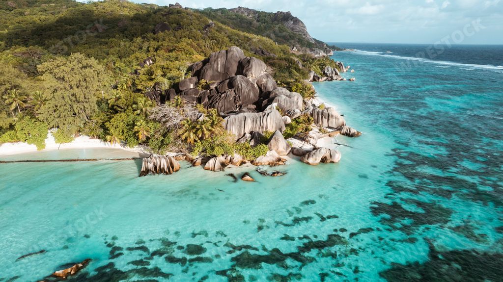 An aerial view of a breathtaking beach of Seychelles, East Africa
