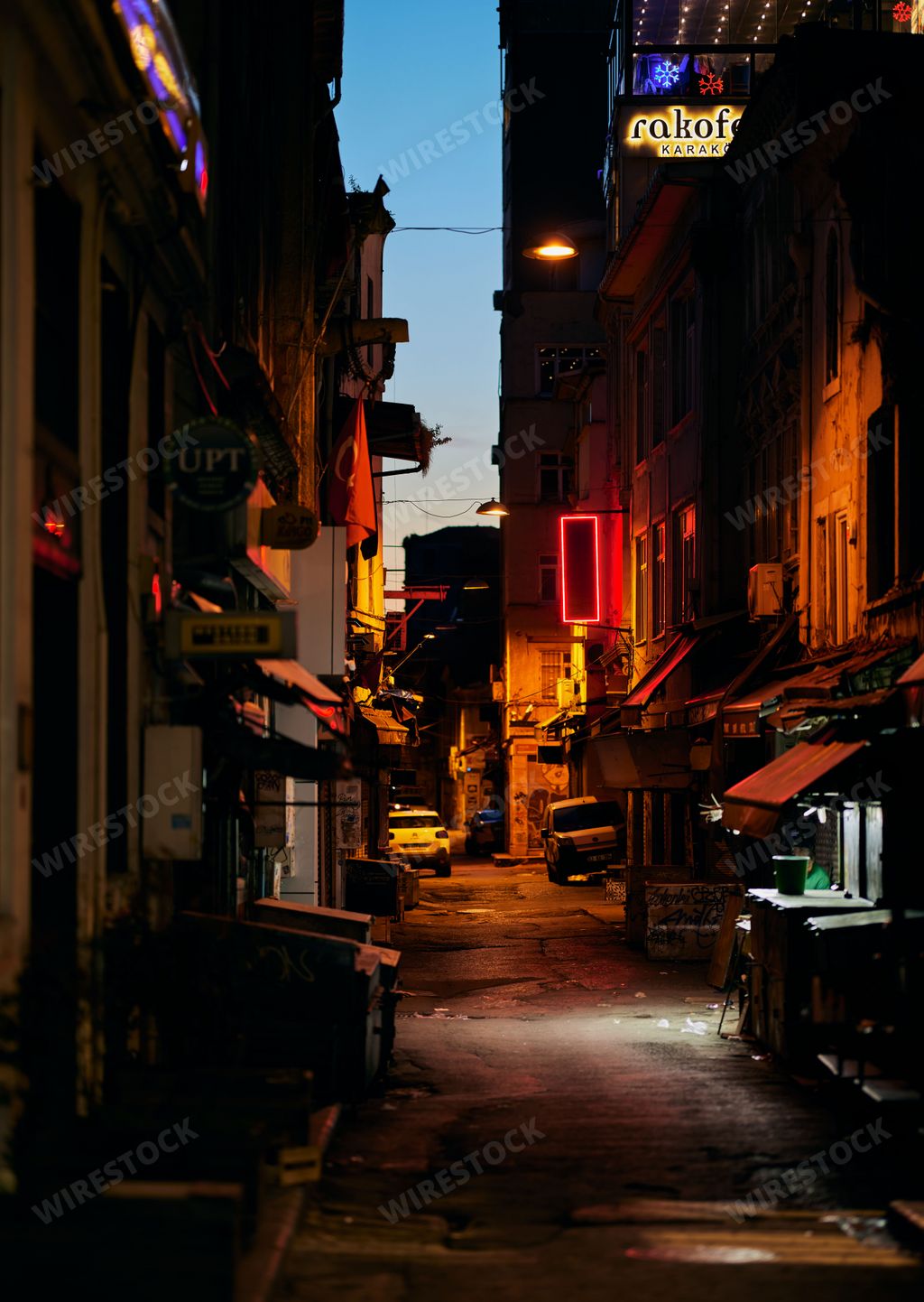An illuminated narrow street in Istanbul, Turkey