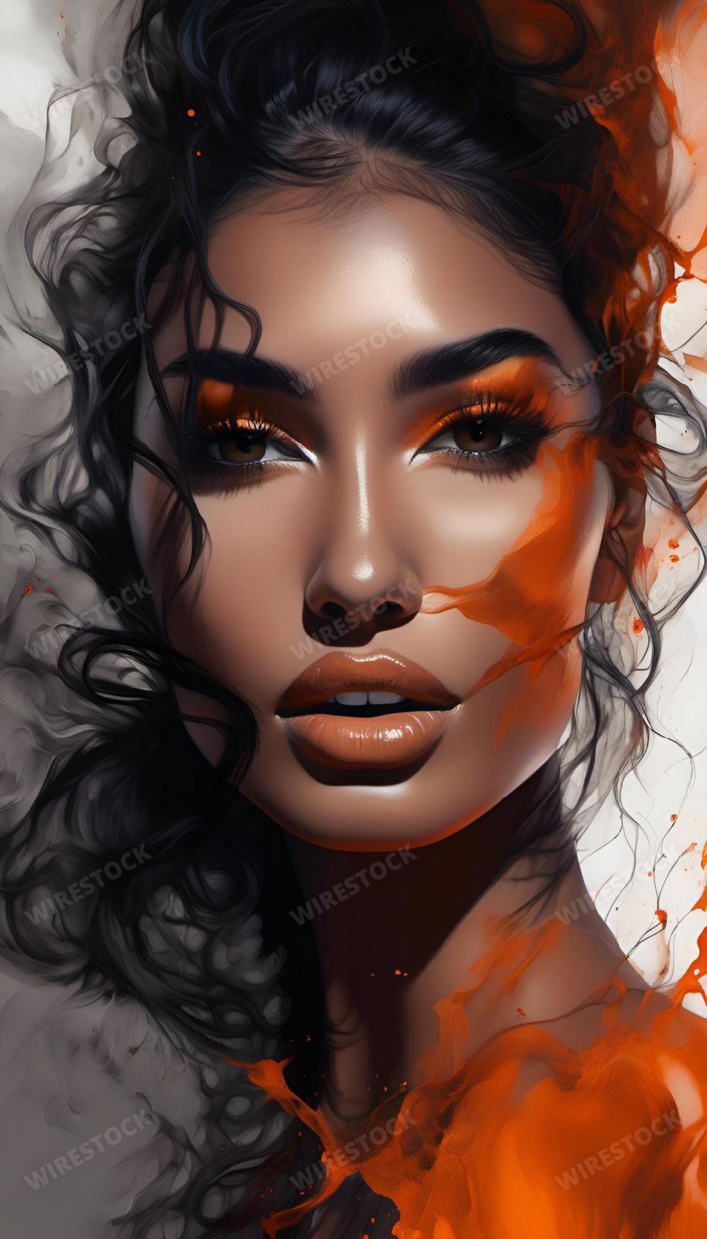 An AI generated illustration of Digital illustration of a woman engulfed in flames, adorned with orange paint drops and black hair