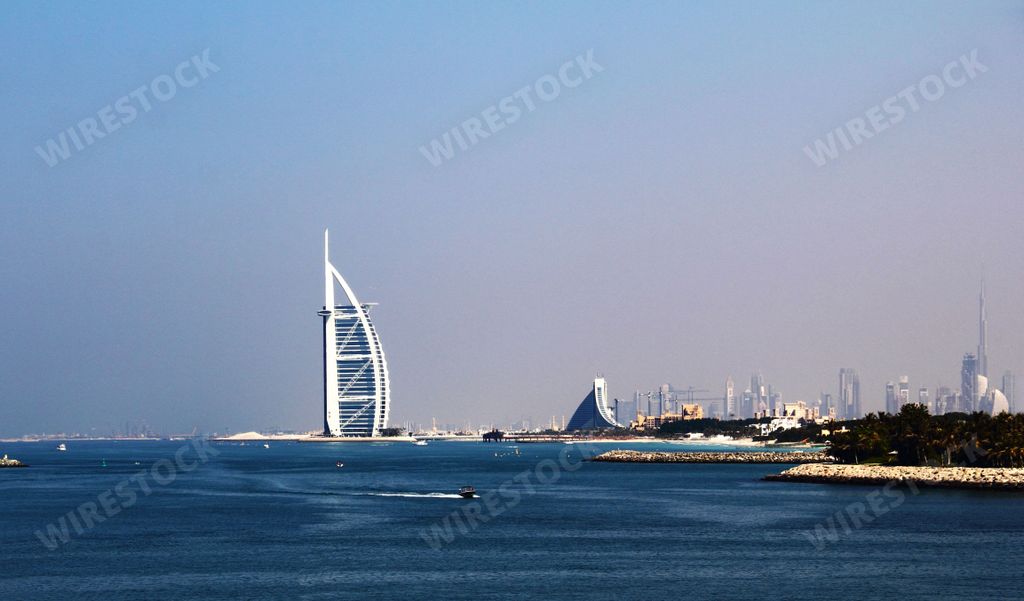 A scenic view of the iconic Burj Al Arab Resort in Jumeirah, United Arab Emirates