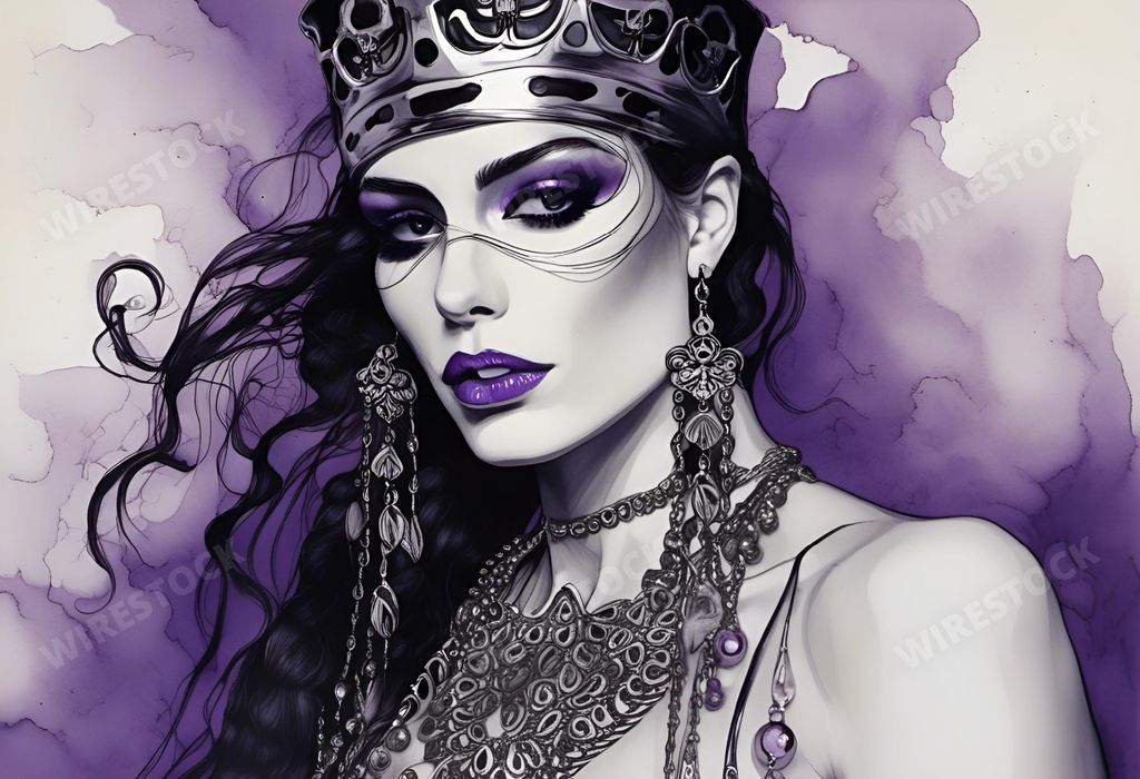 An AI generated illustration of A female model wearing a golden crown and decorative jewelry, prominently displaying her full bust