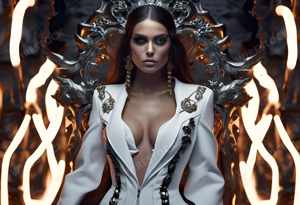 An AI generated illustration of A female adult stands in a contemplative pose beside a regal iron throne sculpture